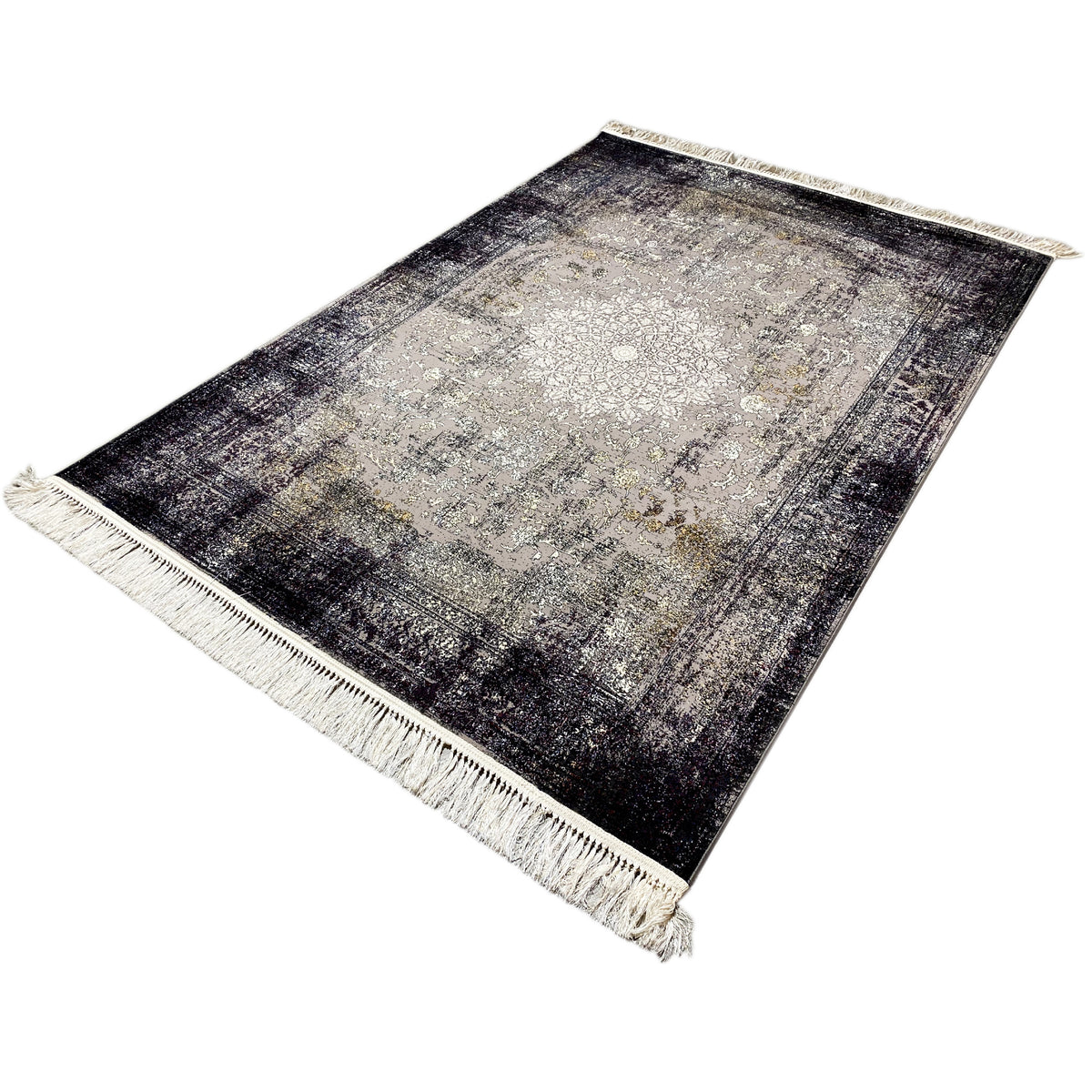 Rechteckiger Vintage-Teppich in Grau/Anthrazit mit beigem Fransenrand, flach gelegt