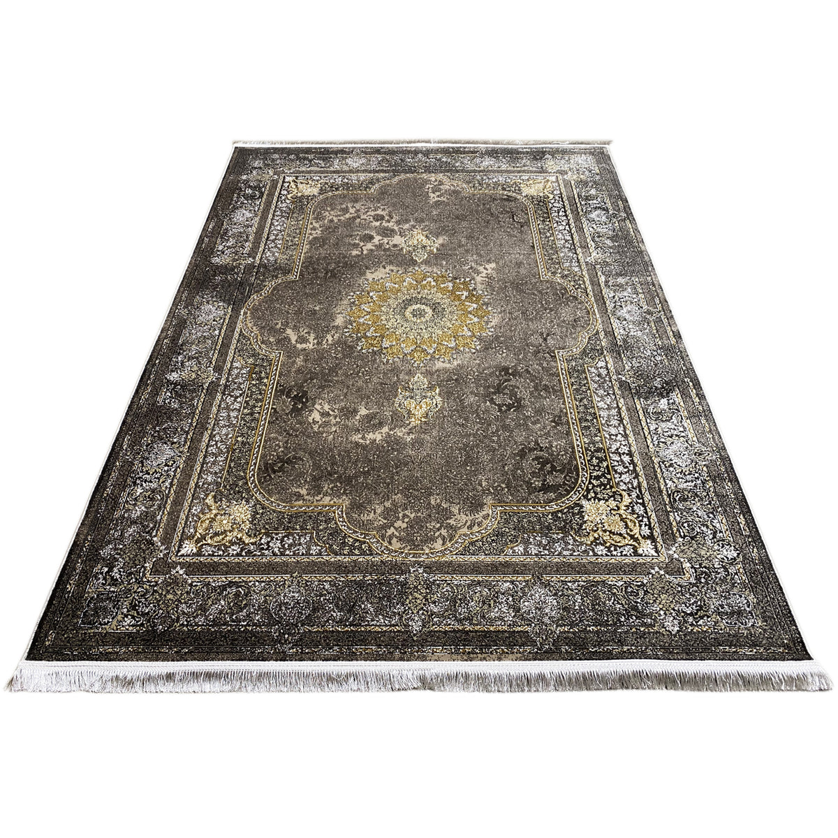 Orientteppich 170x240 cm, dunkelgrau mit goldenen Rahmenornamenten und zentralem Medaillon