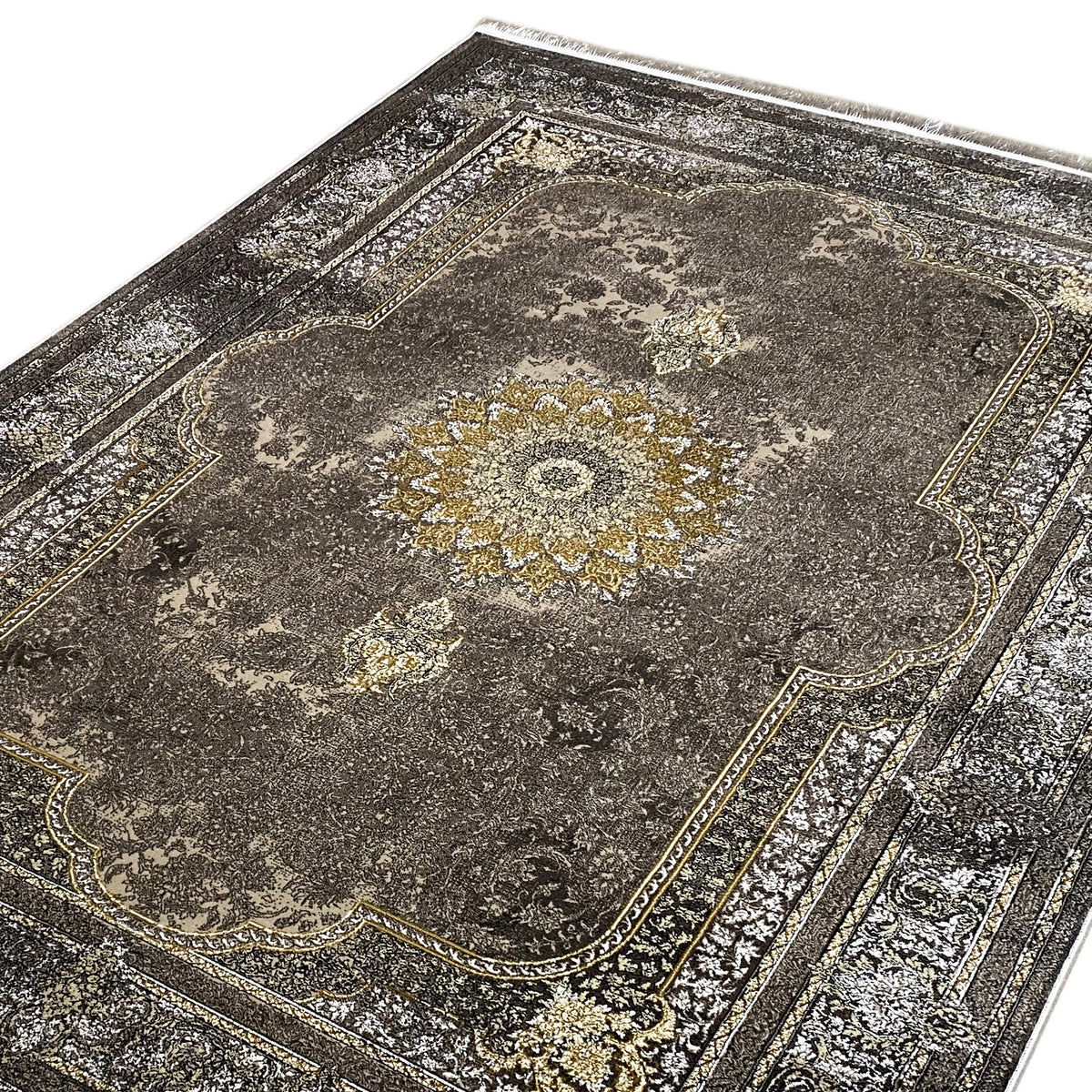 Orientteppich 170x240 cm, dunkelgrau mit goldfarbenem Medaillon und filigraner Zierbordüre