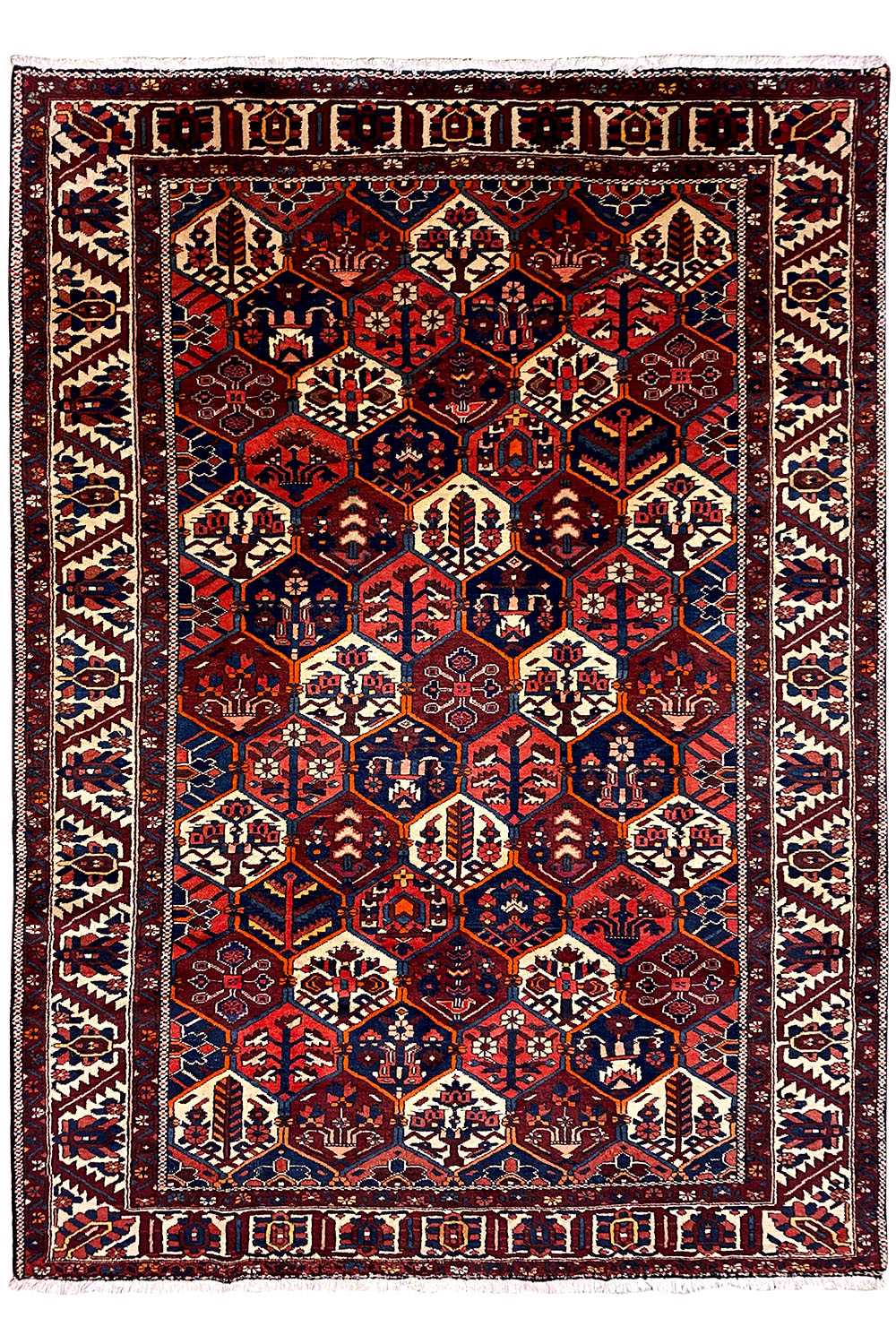 Perserteppich mit symmetrischem Zentralornament und Bordüren, dunkelrot, blau, beige