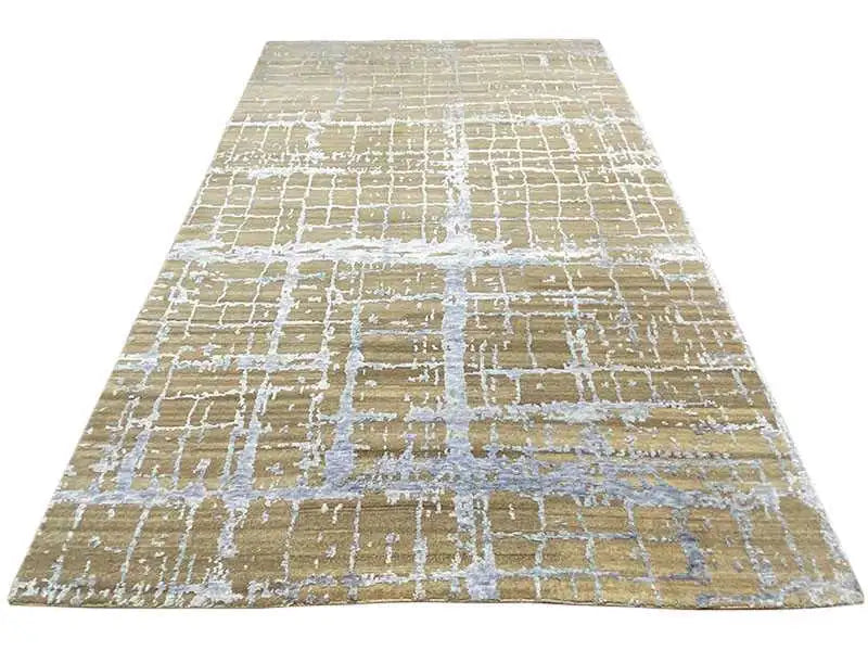 Designer-Teppich 200x290 cm mit beigem Untergrund und blau-weißen Rasterlinien