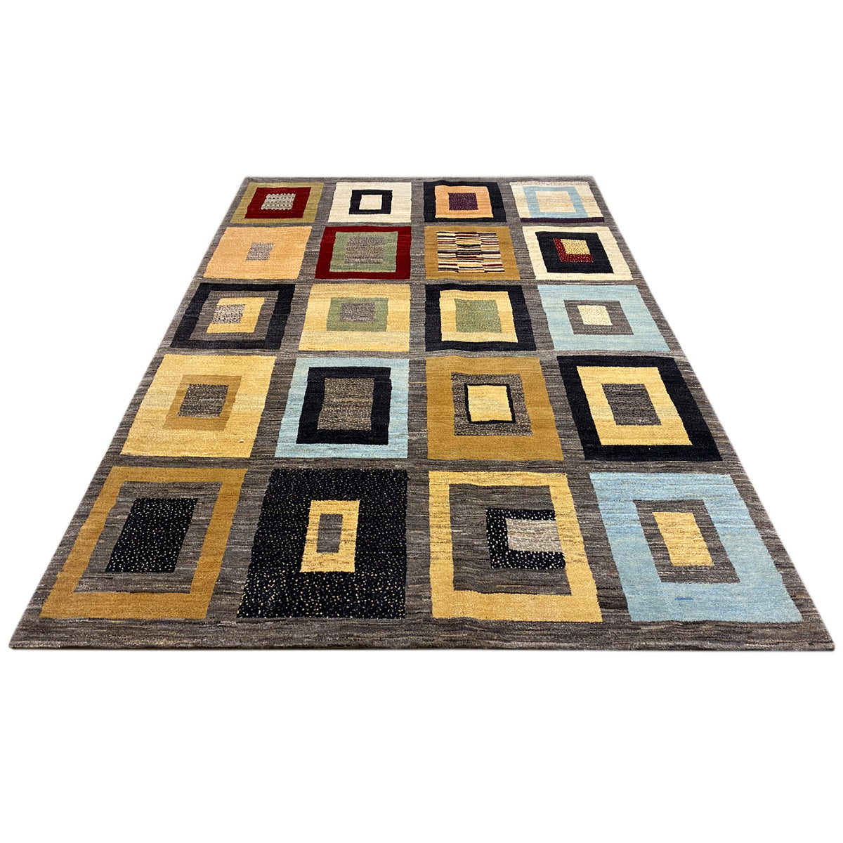 Rechteckiger Teppich mit geometrischem Quadrat-Design, Gelb-, Blau- und Schwarznuancen