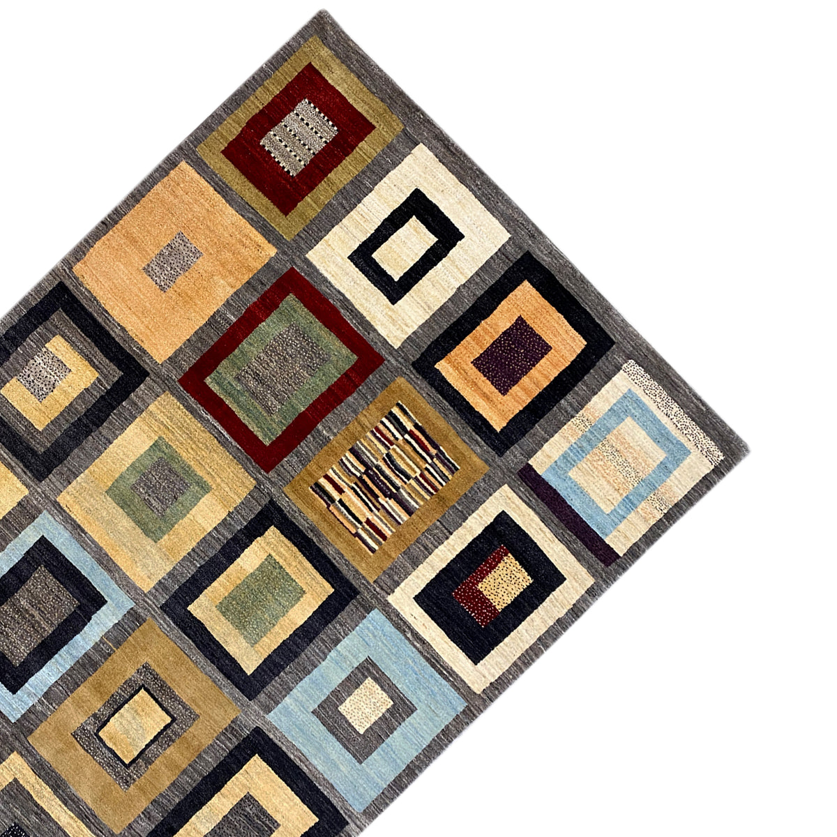 Teppich-Ecke mit geometrischen Quadraten in Creme, Ocker, Schwarz und Türkis