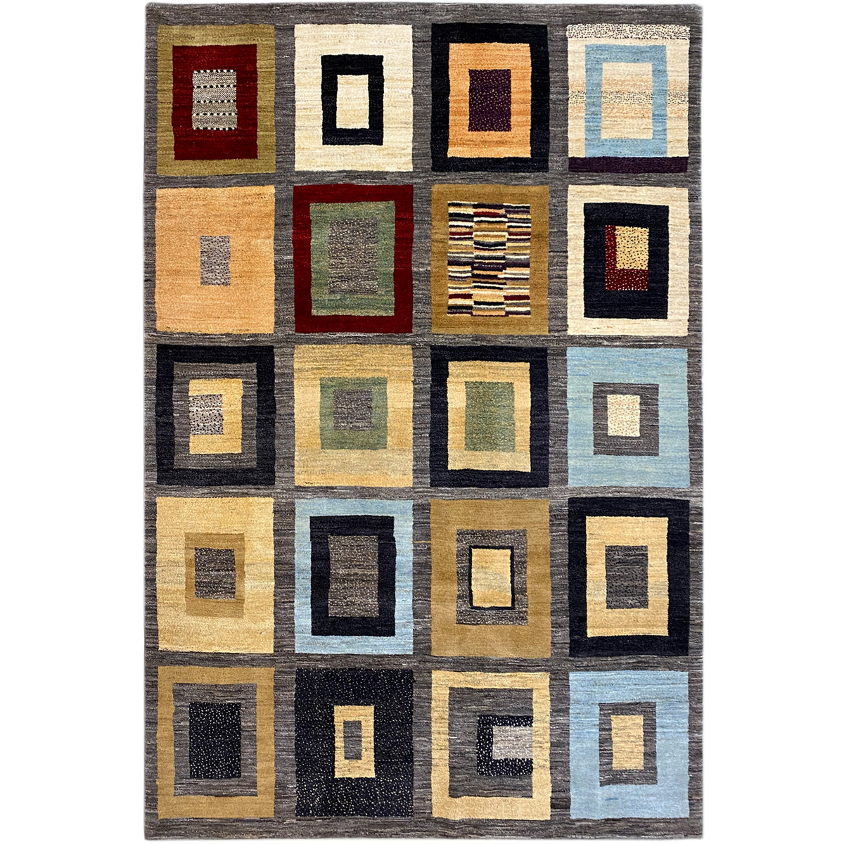 Bunter Gabbeh-Teppich mit quadratischem Muster in Beige, Schwarz, Blau und Rot