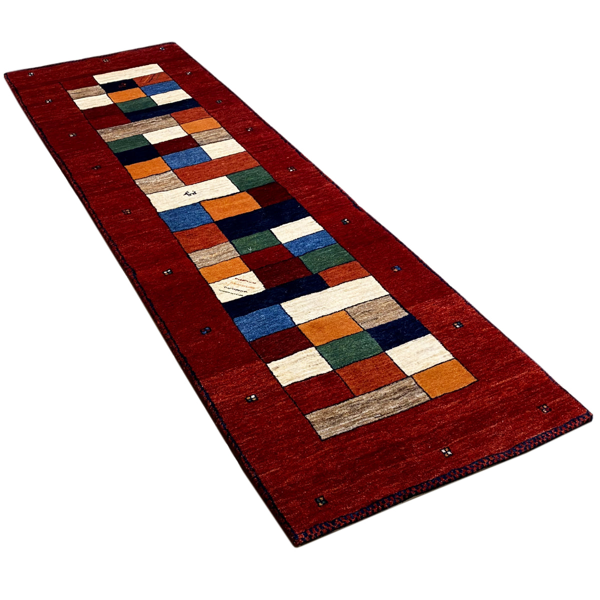 Gabbeh-Teppichläufer, rotes Design mit geometrischem Patchwork und Randbordüre