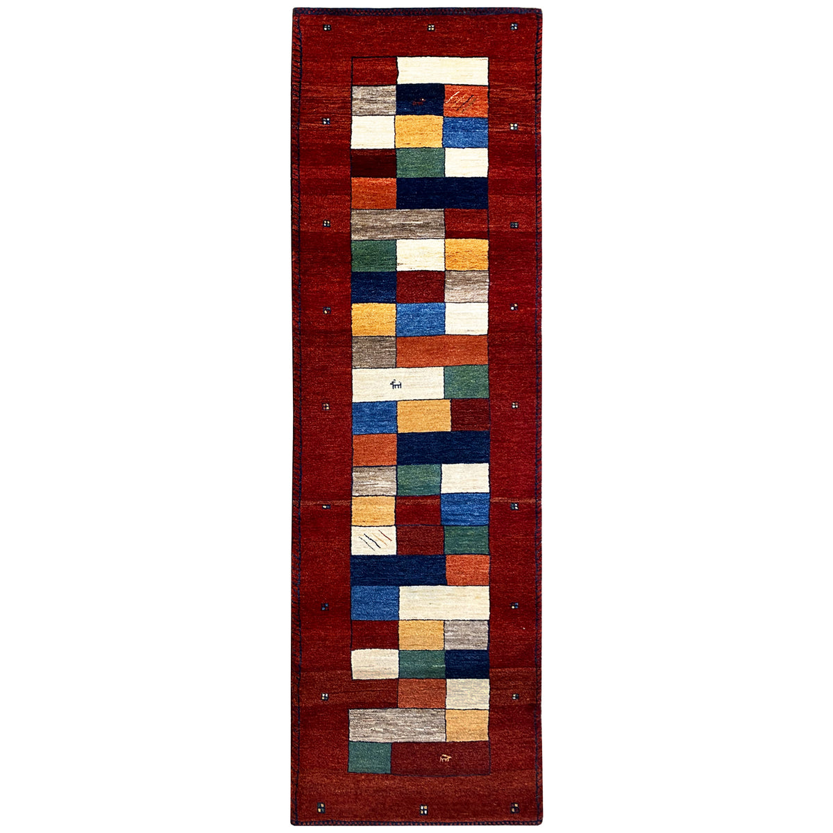 Roter Gabbeh-Teppich-Läufer mit geometrischem Blockmuster, rechteckig.