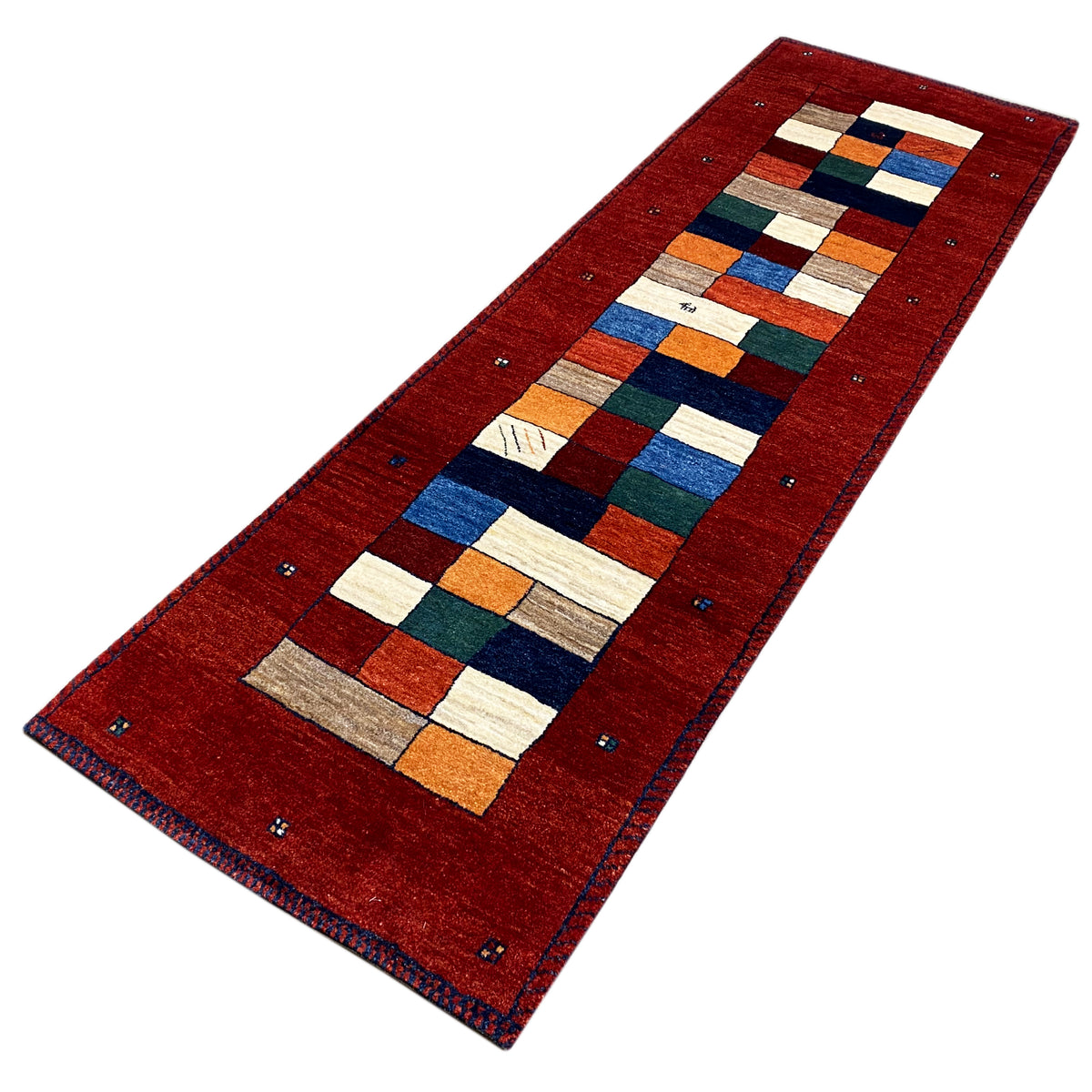 Roter Gabbeh-Teppichläufer schräg, geometrisches Patchwork-Rechteckmuster aus Quadraten