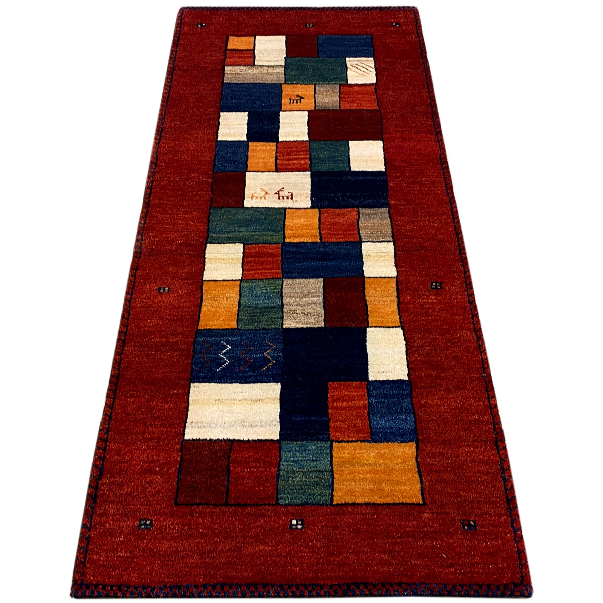 Gabbeh-Teppichläufer, roter Läufer mit zentralem Quadrat-Muster und farbigen Blöcken