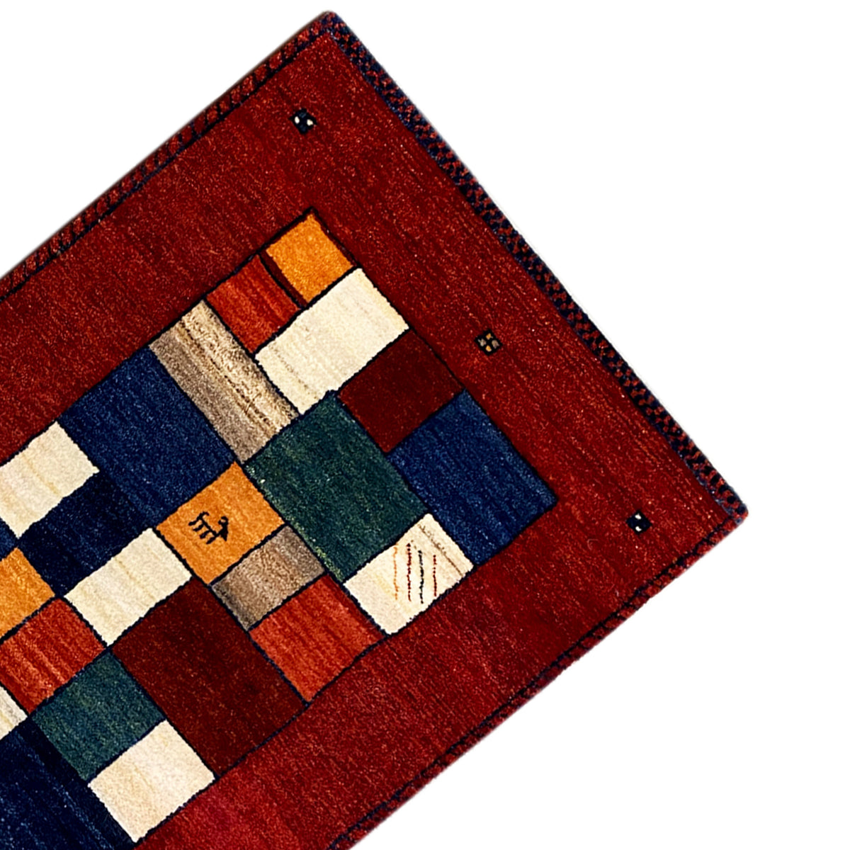 Gabbeh-Teppichläufer Ecke mit rotem Rand, blauem Block und weißen Rechtecken