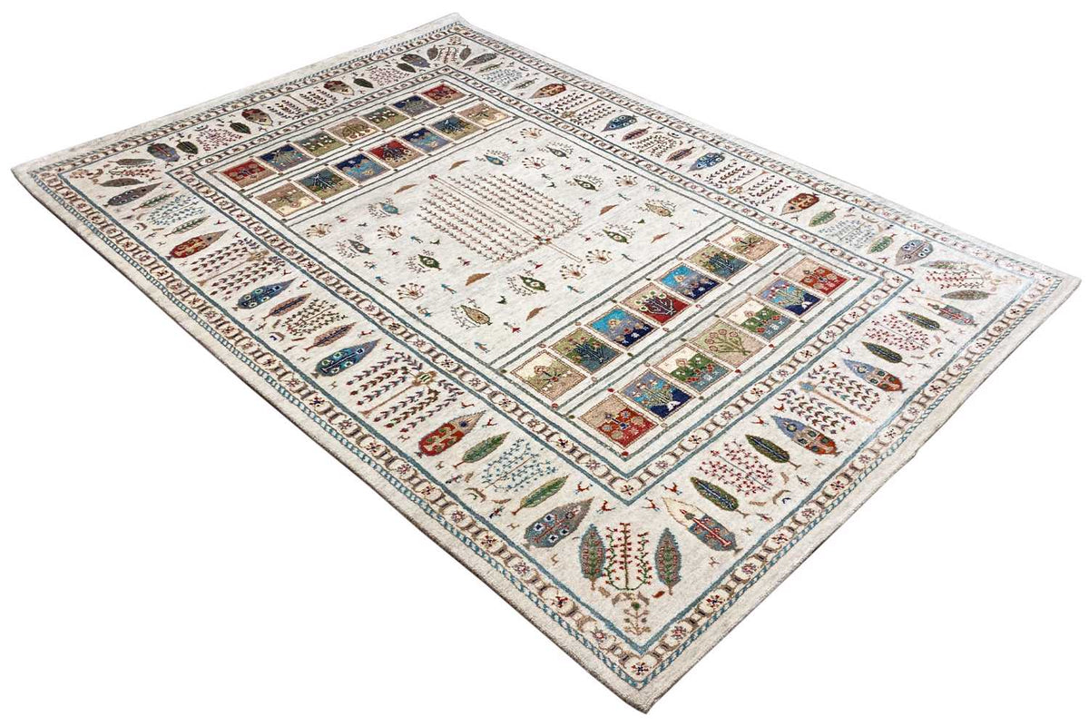 Gabbeh-Teppich in Beige/Creme mit symmetrischem Muster, blauen und roten Akzenten