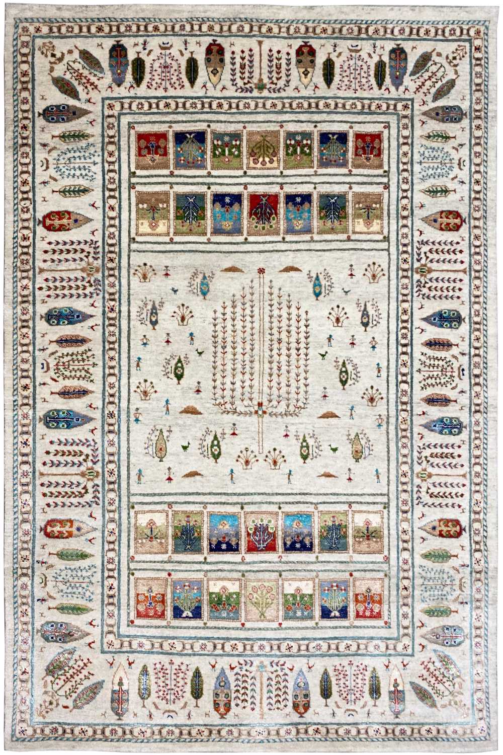 Gabbeh-Teppich mit weißem Grund, blau-roten Bordüren und figürlichen Ornamenten