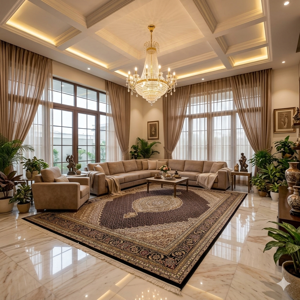 Indo Tabriz Teppich mit ornamentalem Medaillonmuster, rechteckig, dunkelbraun/creme