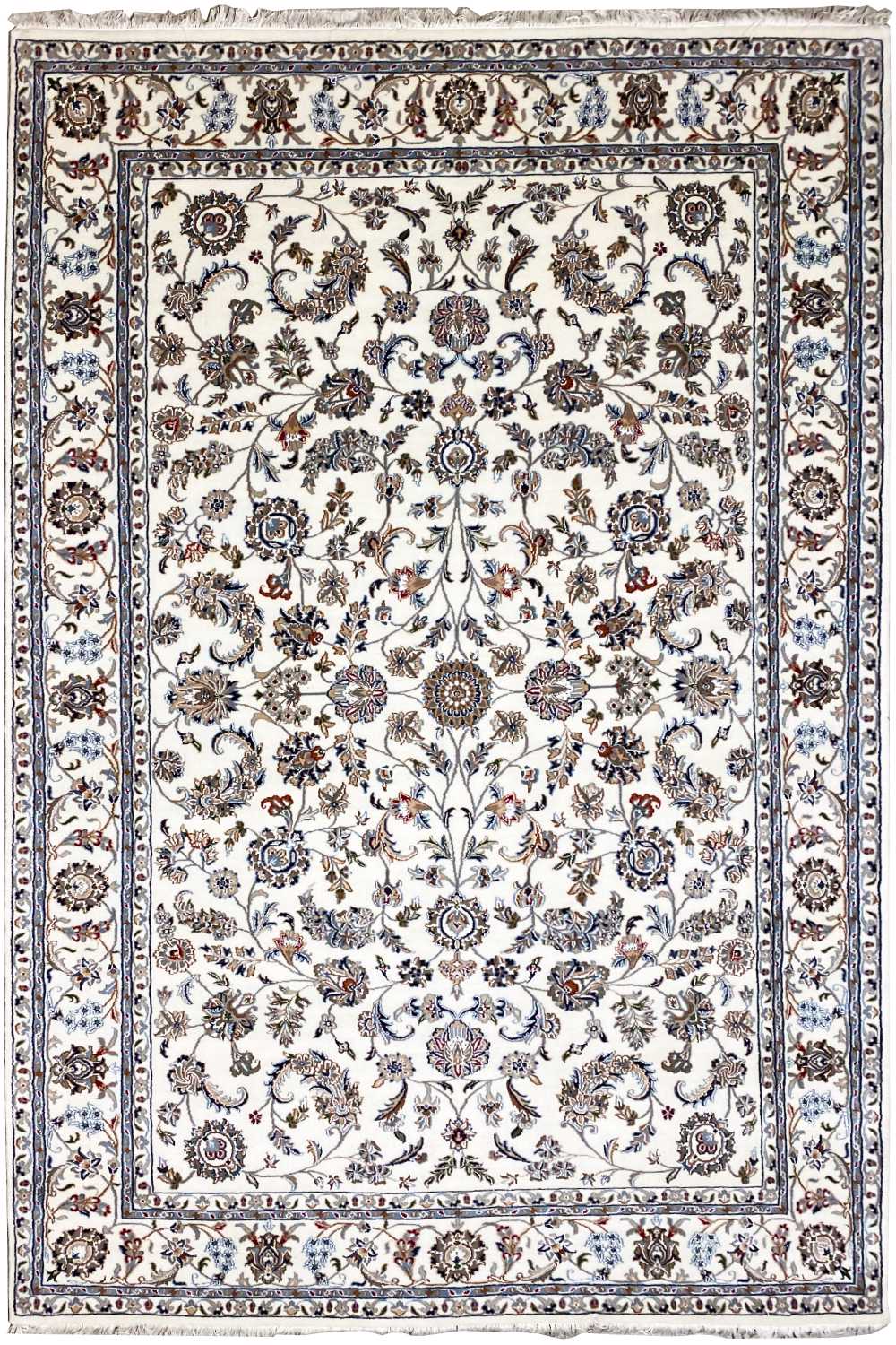 Beiger Orientteppich mit quadratischem Zierfeld und feinem Blumen-Ornamentmuster