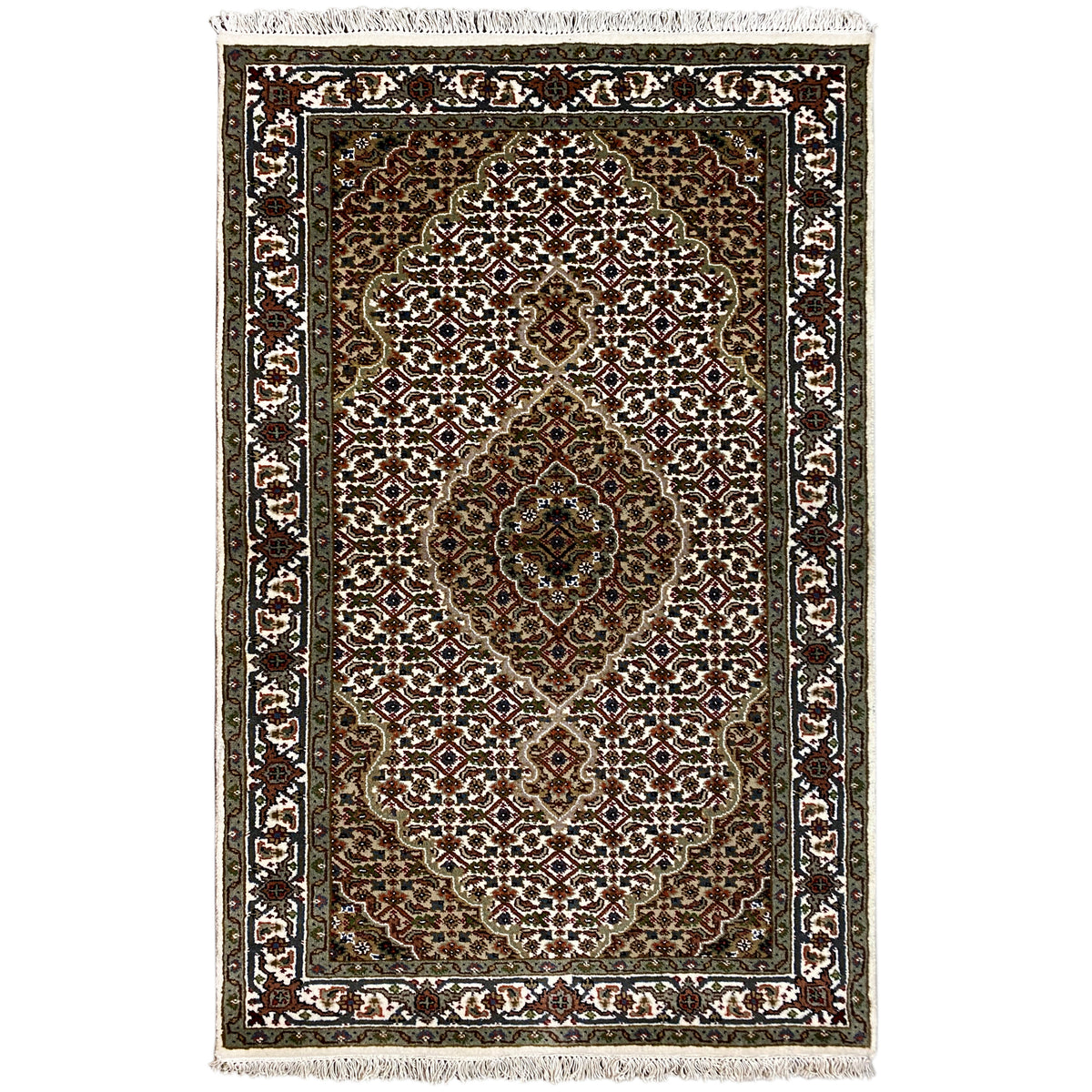 Indo Täbriz Teppich, rechteckig: dunkles Braun/Grün mit weißem Ornamentrahmen