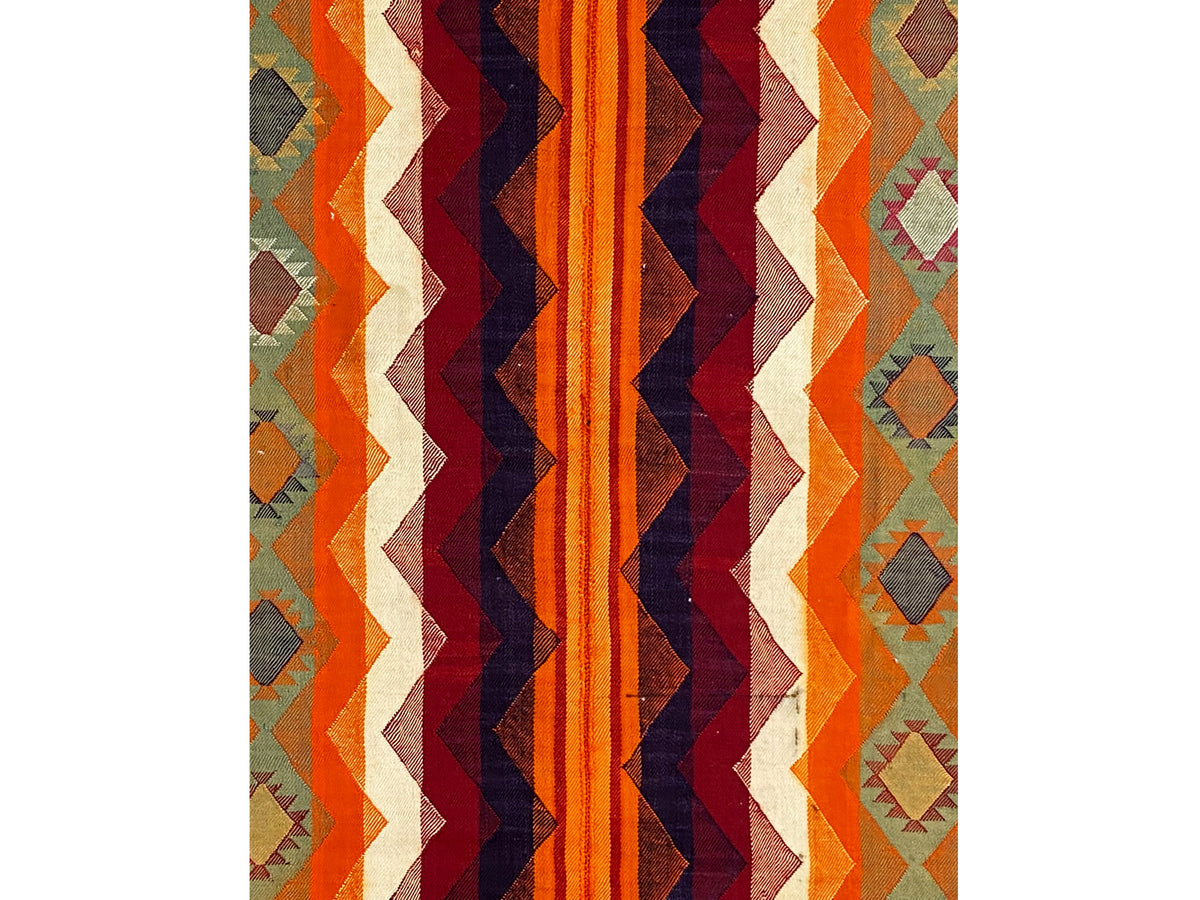 Jajim-Teppich mit Zickzackmuster in Orange, Dunkelblau und Creme, rechteckig