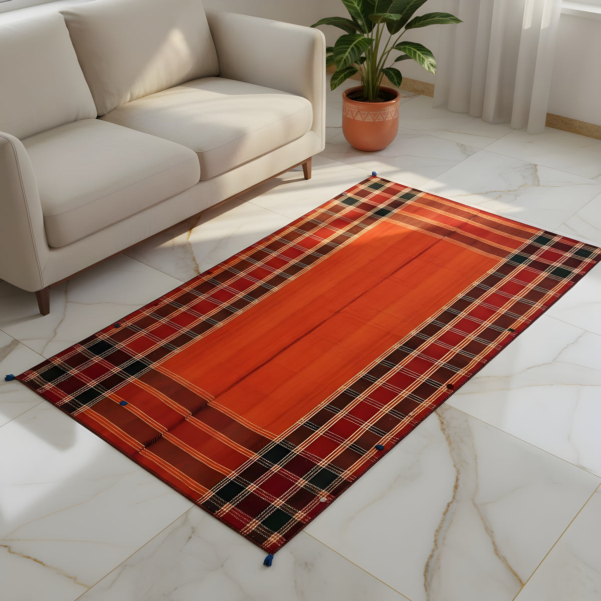 Jajim Teppich im Wohnzimmer: Rot-Orange mit schwarzem Karo und weißen/gelben Linien, blaue Quasten