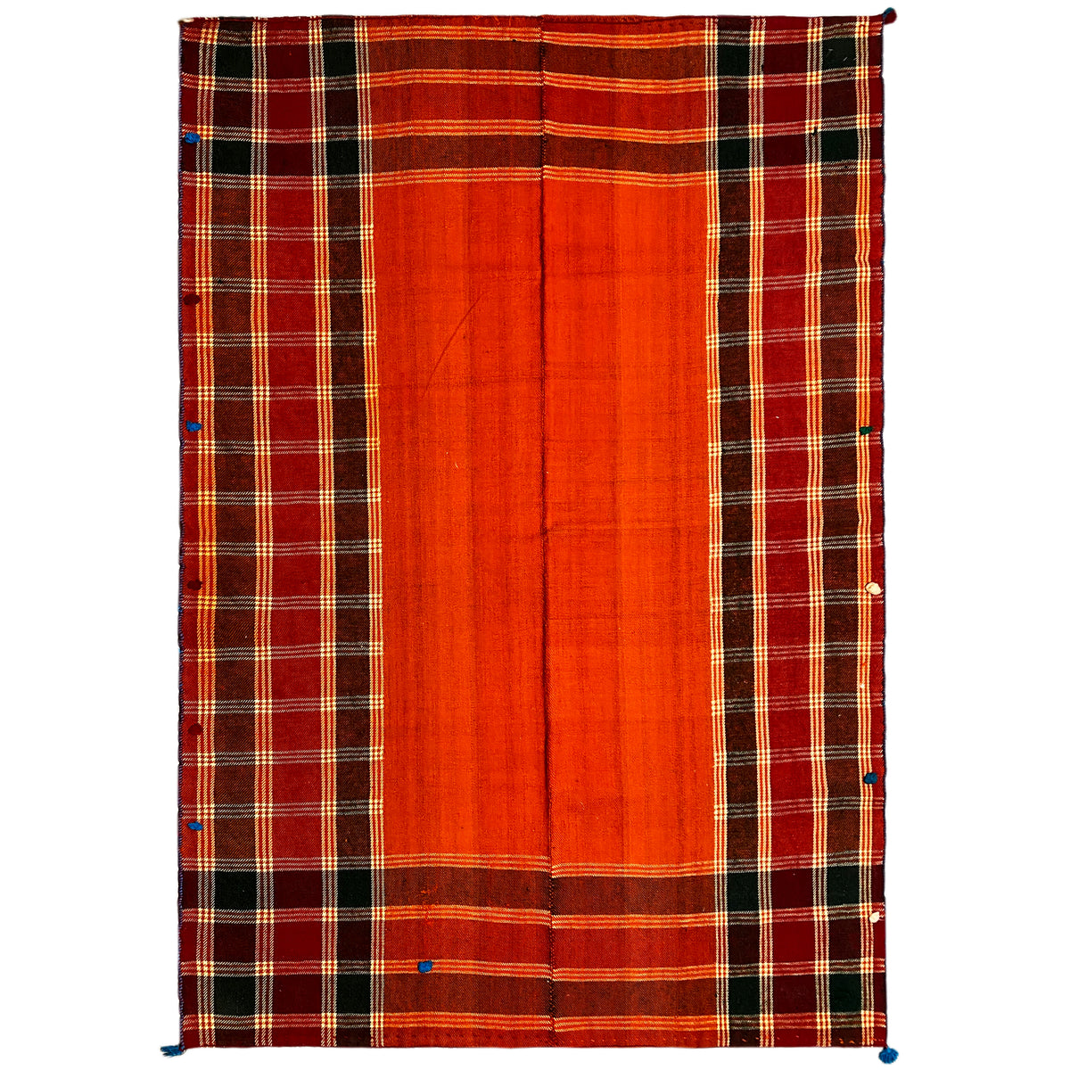 Jajim Teppich in Rot-Orange mit schwarzem Karo und gelb-weißen Linien, Ecken mit blauen Quasten