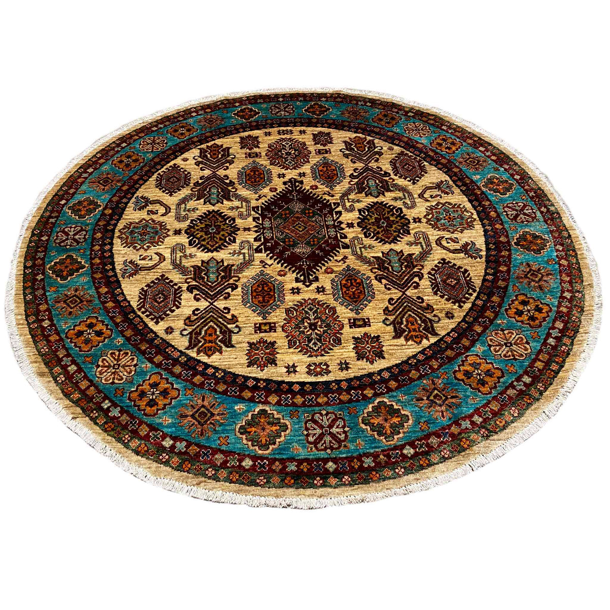 Runder Teppich mit ornamentaler Bordüre in Türkis, Creme und Dunkelbraun