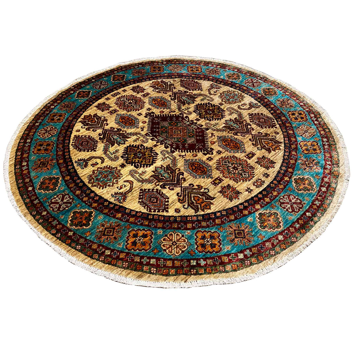 Runder Teppich mit zentralem Medaillon und mehrfarbigen Ornamenten, cremefarben