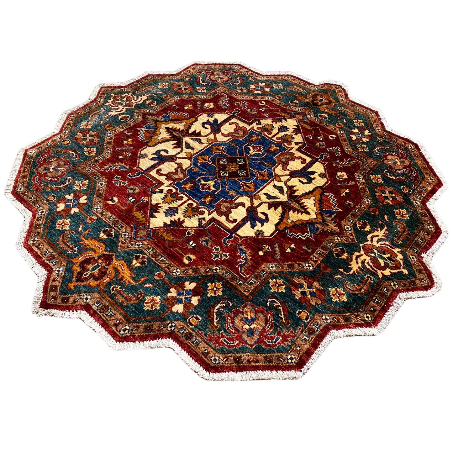 Roter & Blauer Achteckiger Kazak Teppich, 150x150 cm - German Carpet Shop