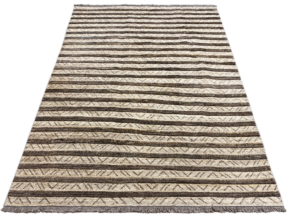 Rechteckiger Kelim Teppich mit breiten horizontalen Streifen, Beige und Dunkelbraun