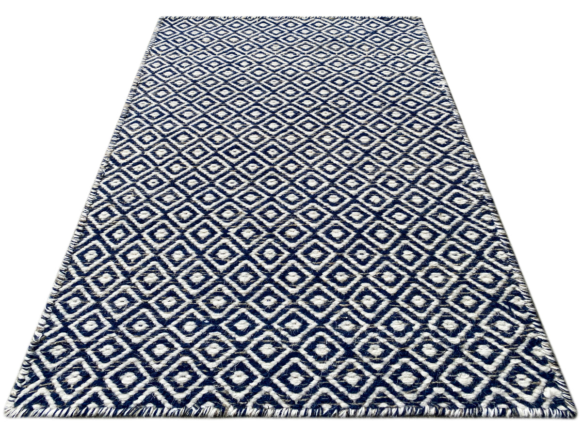Kelim-Teppich mit Diamantmuster, blau-weiß, mit Fransen, 60x90 cm
