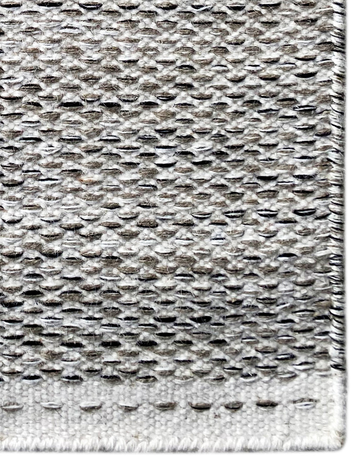 Kelim-Teppich Dot 60x90 cm, Nahansicht der Struktur: hellgraue Punkte mit gewebtem Saum