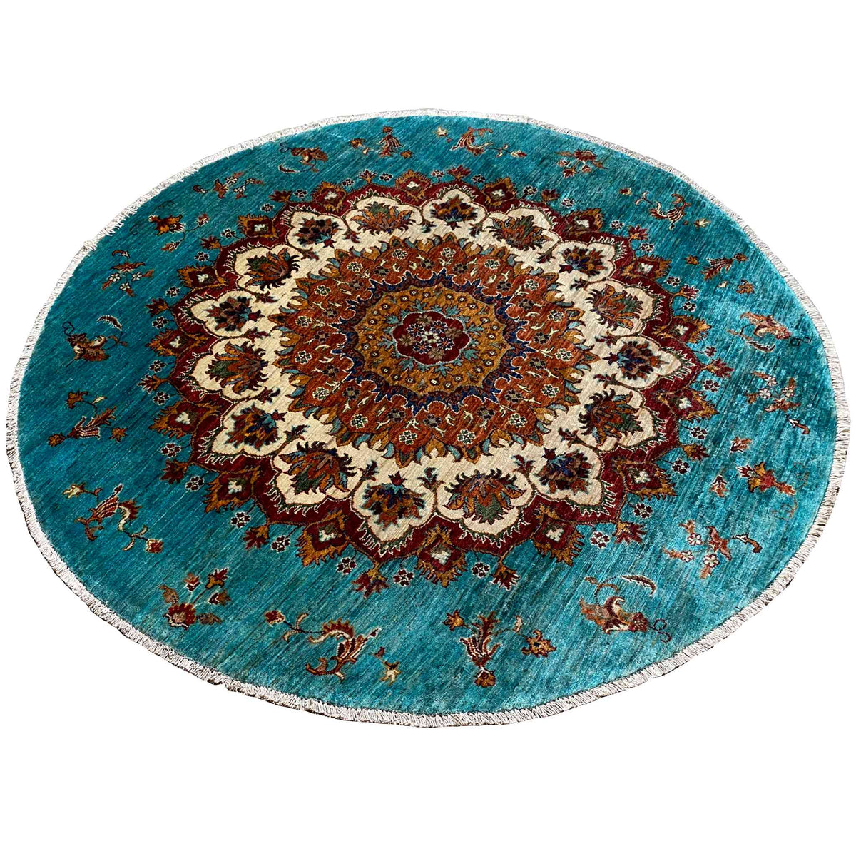 Kreisförmiger Khorjin-Teppich in Türkis mit vintage Ornamenten, Bordüre und dekorativen Motiven.