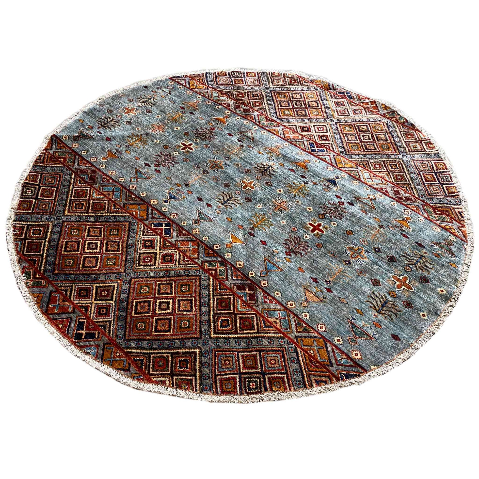 Runder Handgeknüpfter Wollteppich in Blau & Braun, 198x196 cm - German Carpet Shop