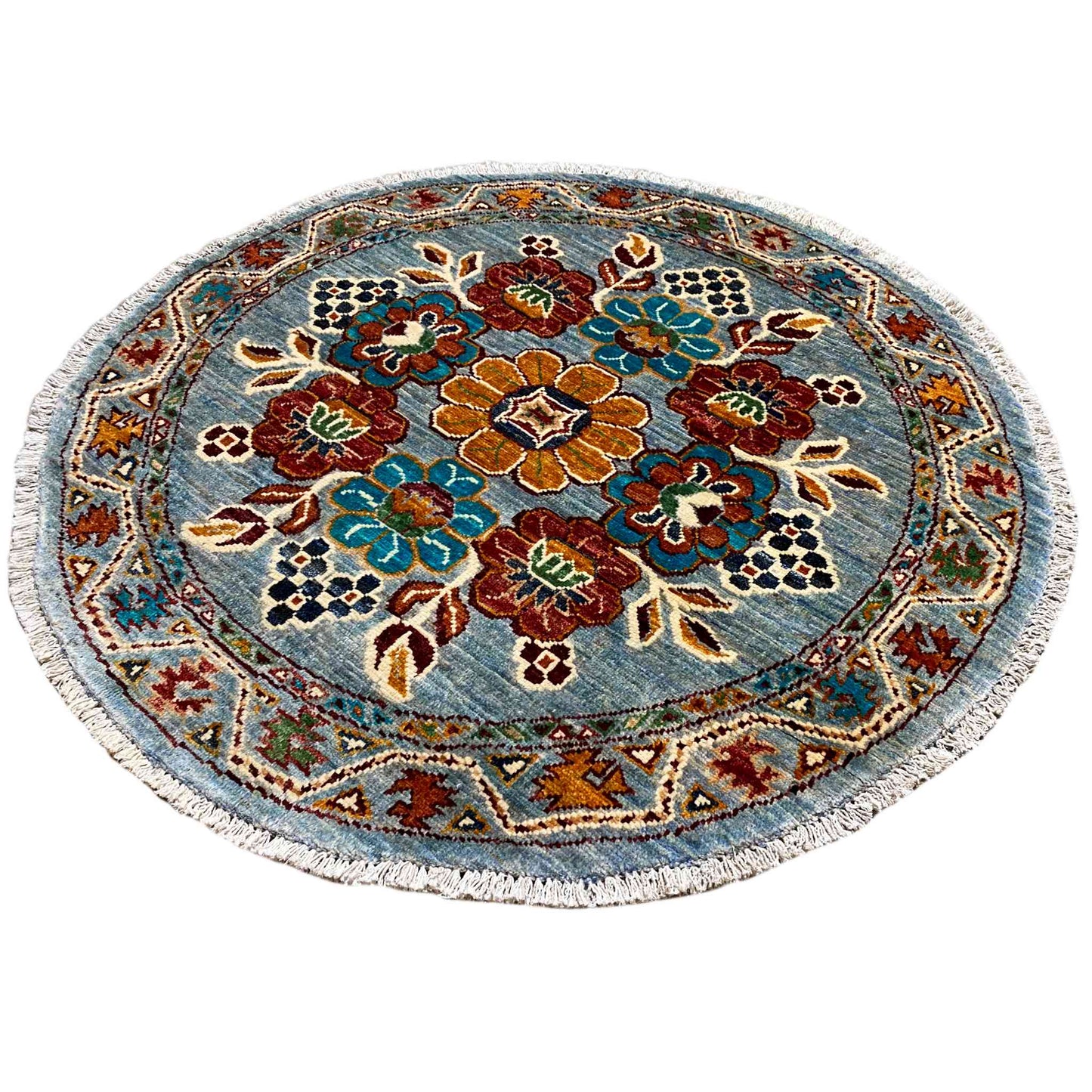 Khorjin-Wollteppich, Blaues Blumenmuster, 108x107 cm - German Carpet Shop