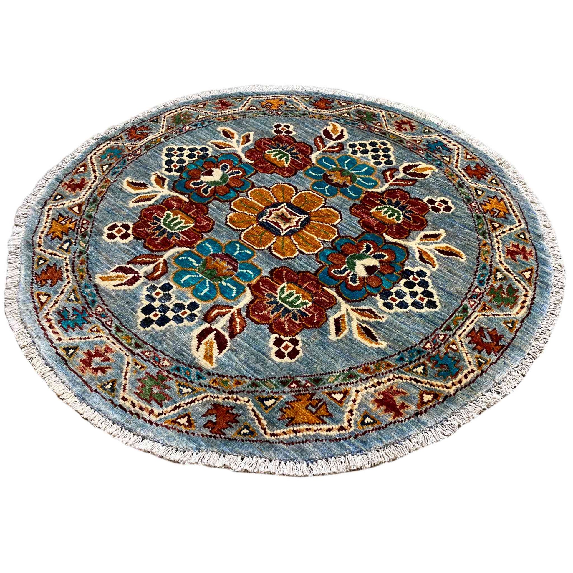 Khorjin-Wollteppich, Blaues Blumenmuster, 108x107 cm - German Carpet Shop
