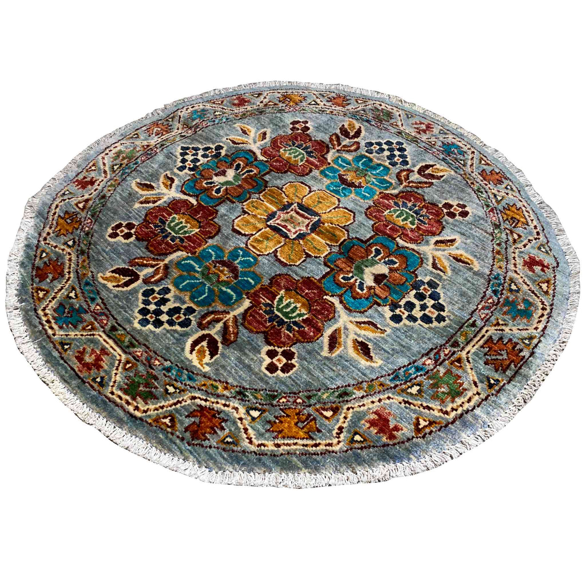 Runder Wollteppich mit blauem Blumenmuster, dicht gemustertem Saum