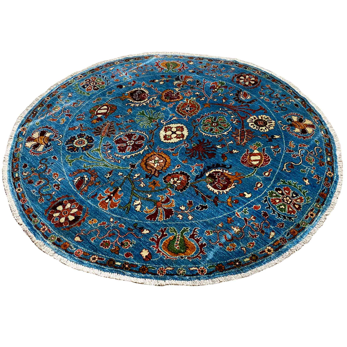 Blauer runder Wollteppich mit dichtem Blumen- und Tier-Ornamentmuster im Vintage-Stil