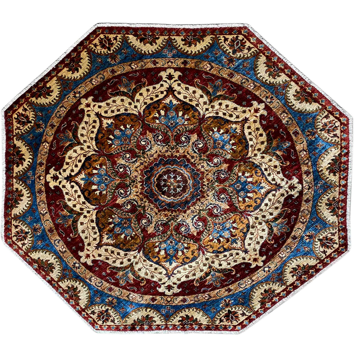 Achteckiger Teppich mit ornamentalem Medaillon-Design in Rot, Blau und Beige