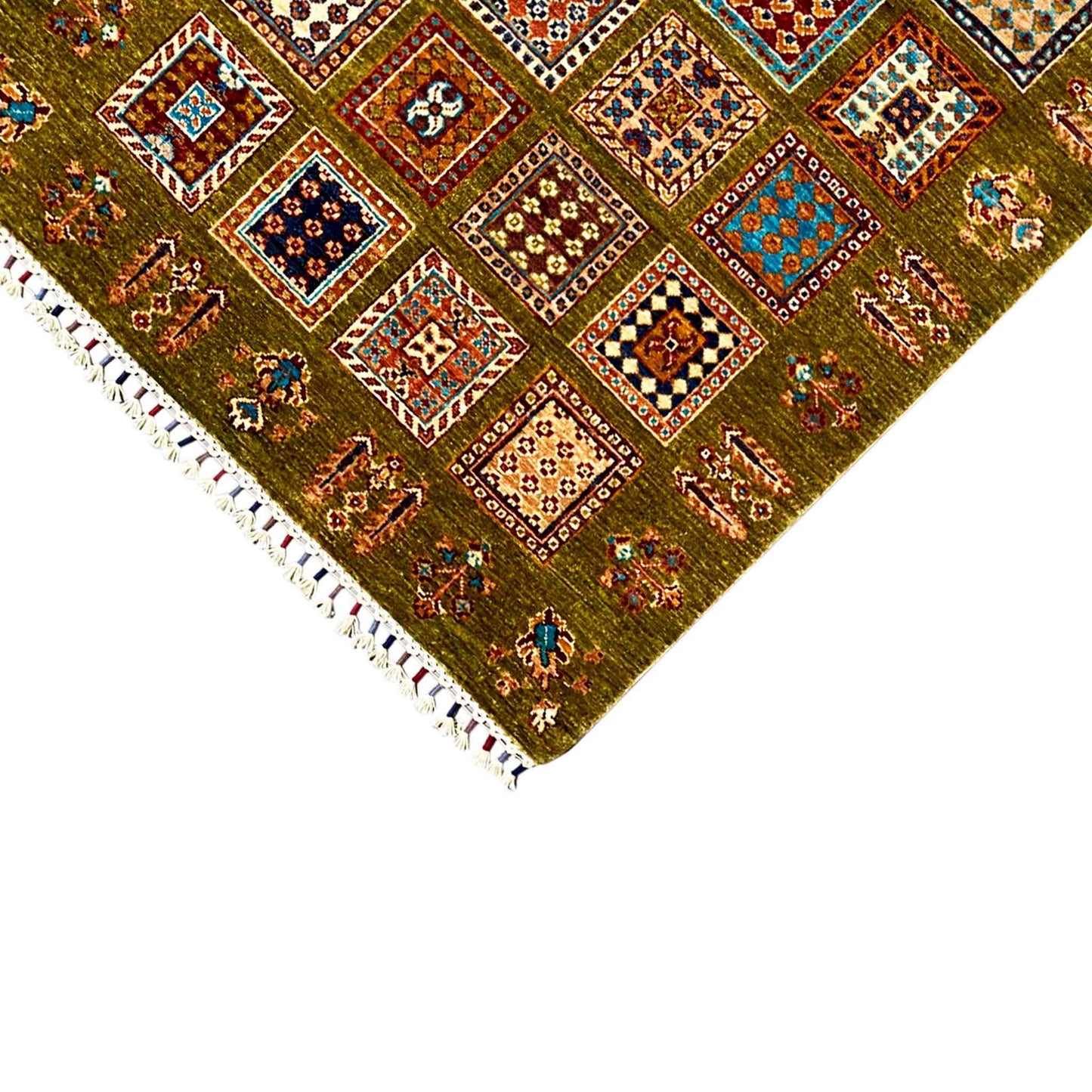 Afghanischer Khorjin Wollteppich, Olivgrün, 165x105 cm - German Carpet Shop