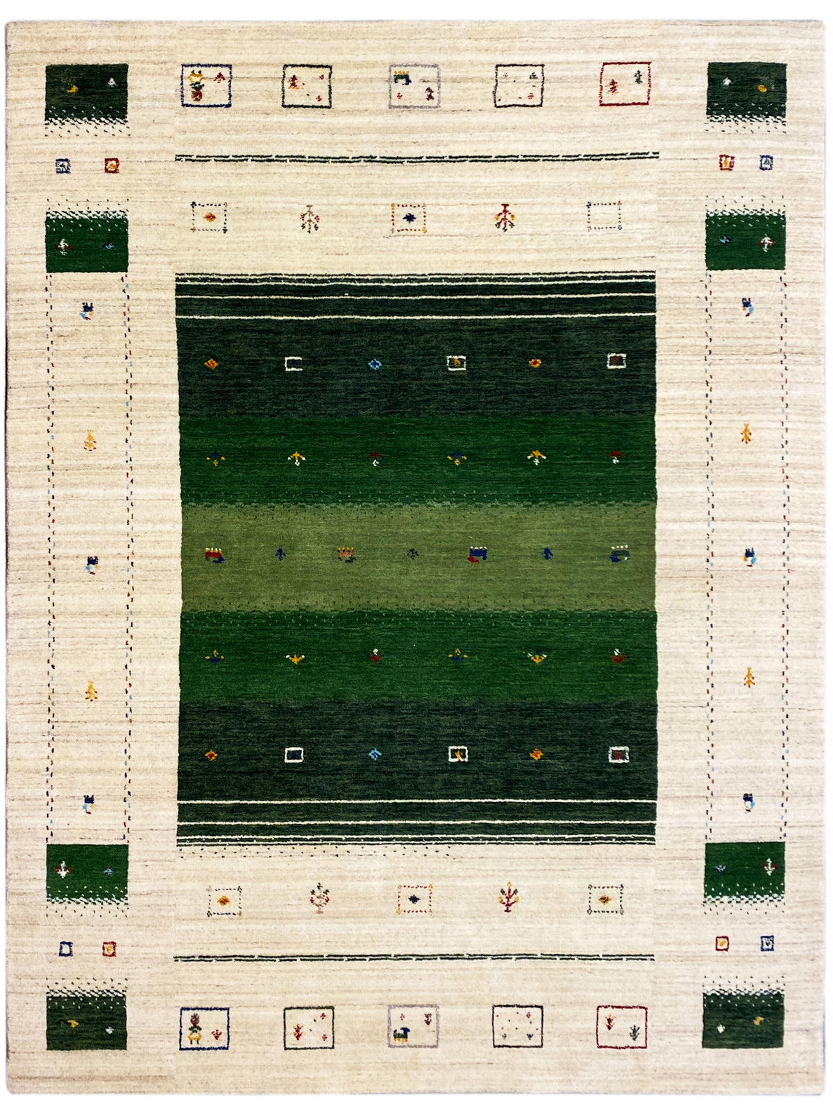 Rechteckiger Teppich in Creme mit grünem Quadrat-Motiv und bunten Zierdetails.