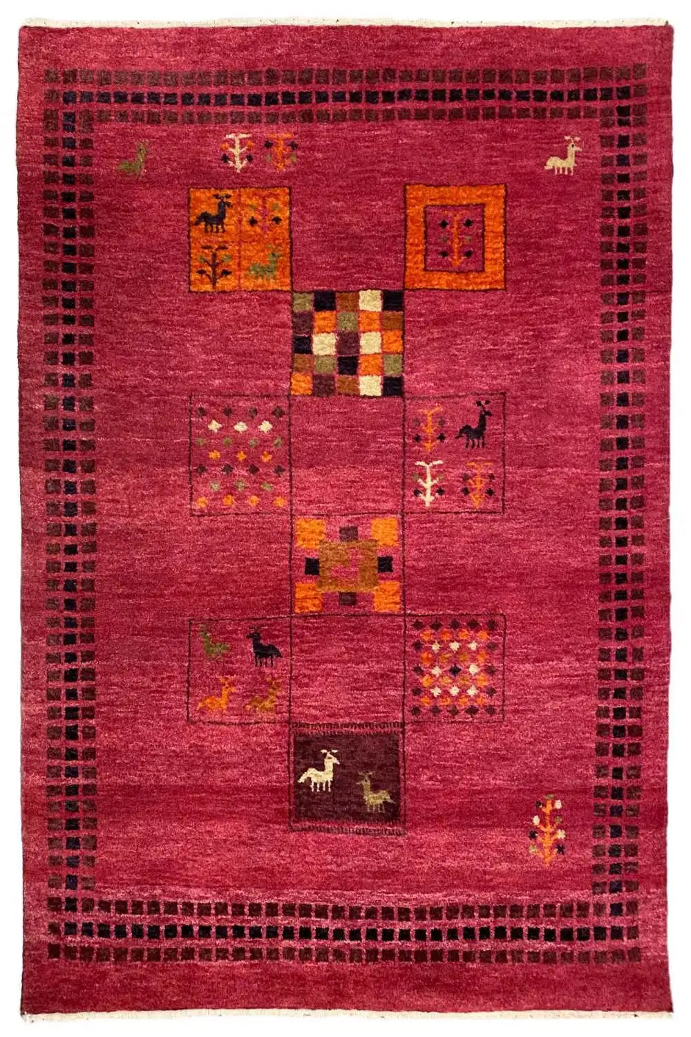 Roter Gabbeh-Teppich mit zentralem Patchwork-Motiv und Zierrahmen, 90x120 cm