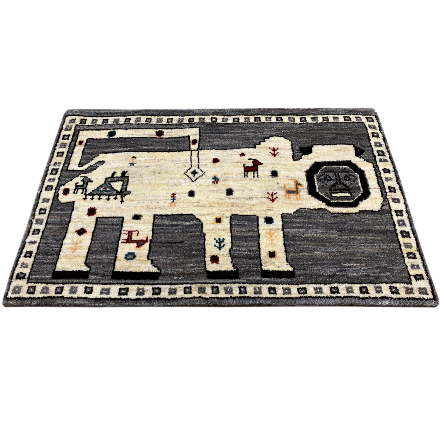 Grauer Gabbeh Teppich Löwe 90x75 cm - German Carpet Shop