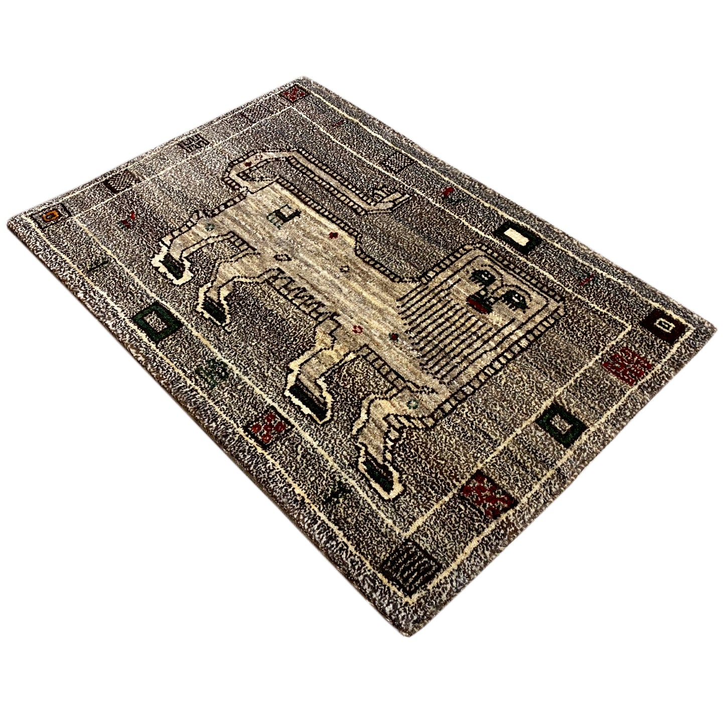 Grauer Löwen Gabbeh Teppich 94x64 cm - German Carpet Shop