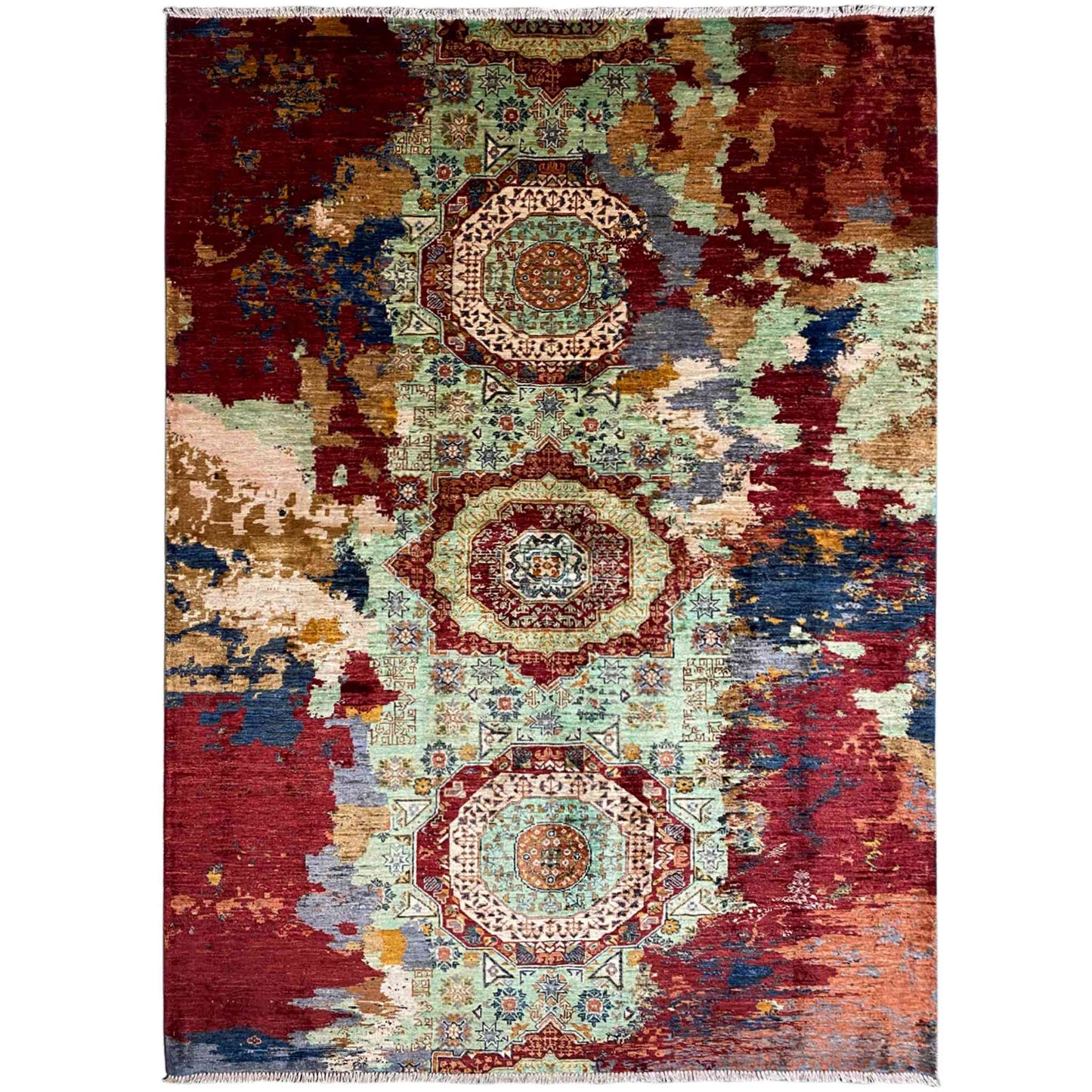 Mamluk Handgeknüpfter Teppich Rot Grün 237x176 cm - German Carpet Shop
