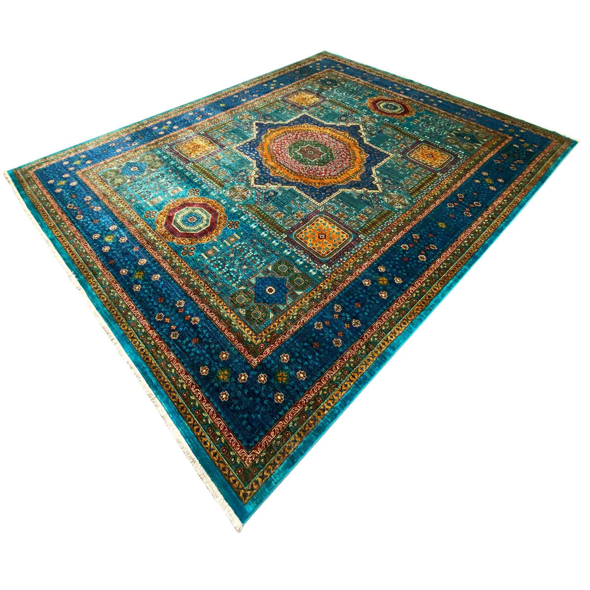 Afghanischer Mamluk Handgeknüpfter Teppich Blau 353x277 cm - German Carpet Shop