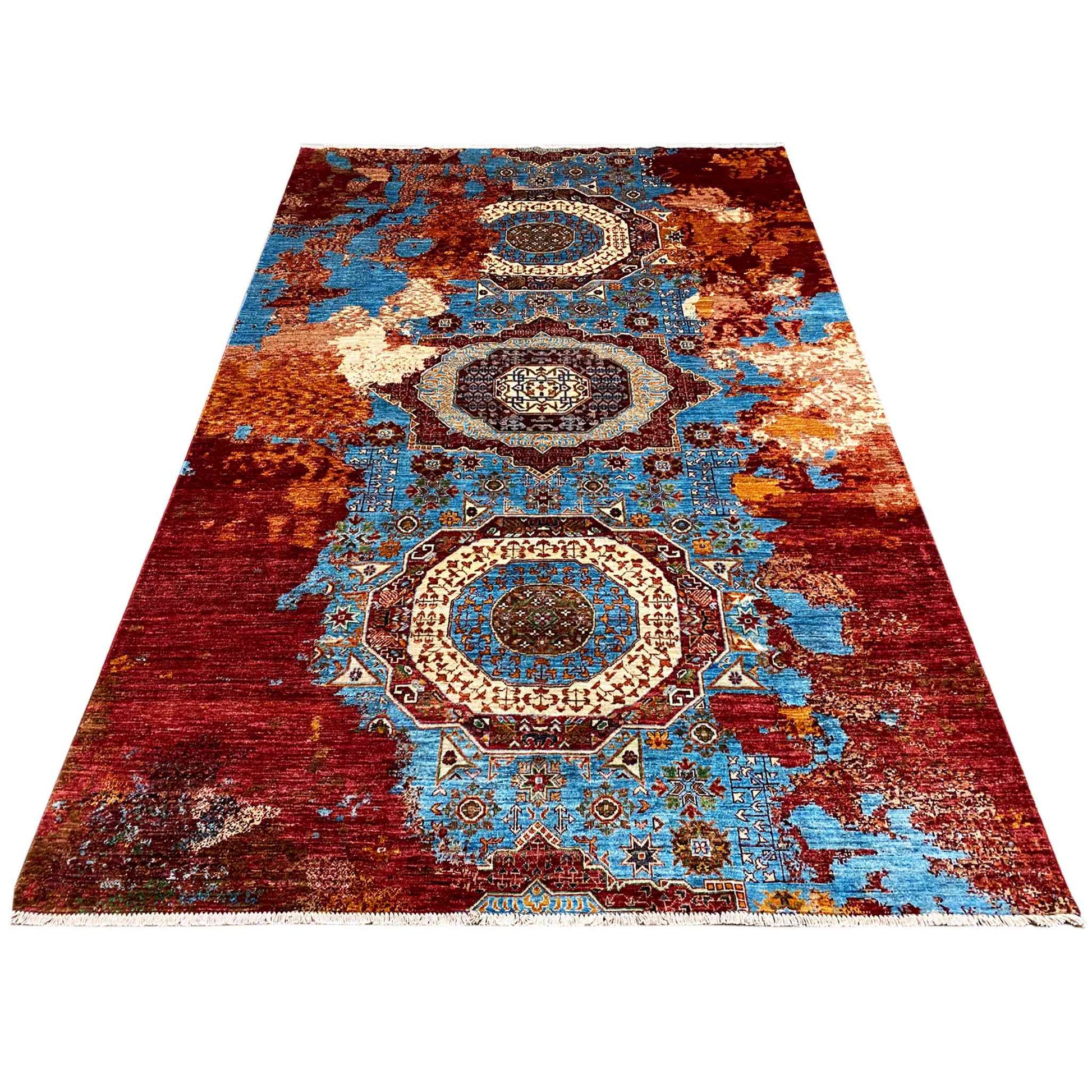 Afghanischer Mamluk Handgeknüpfter Teppich Rot Türkis 293x204 cm - German Carpet Shop