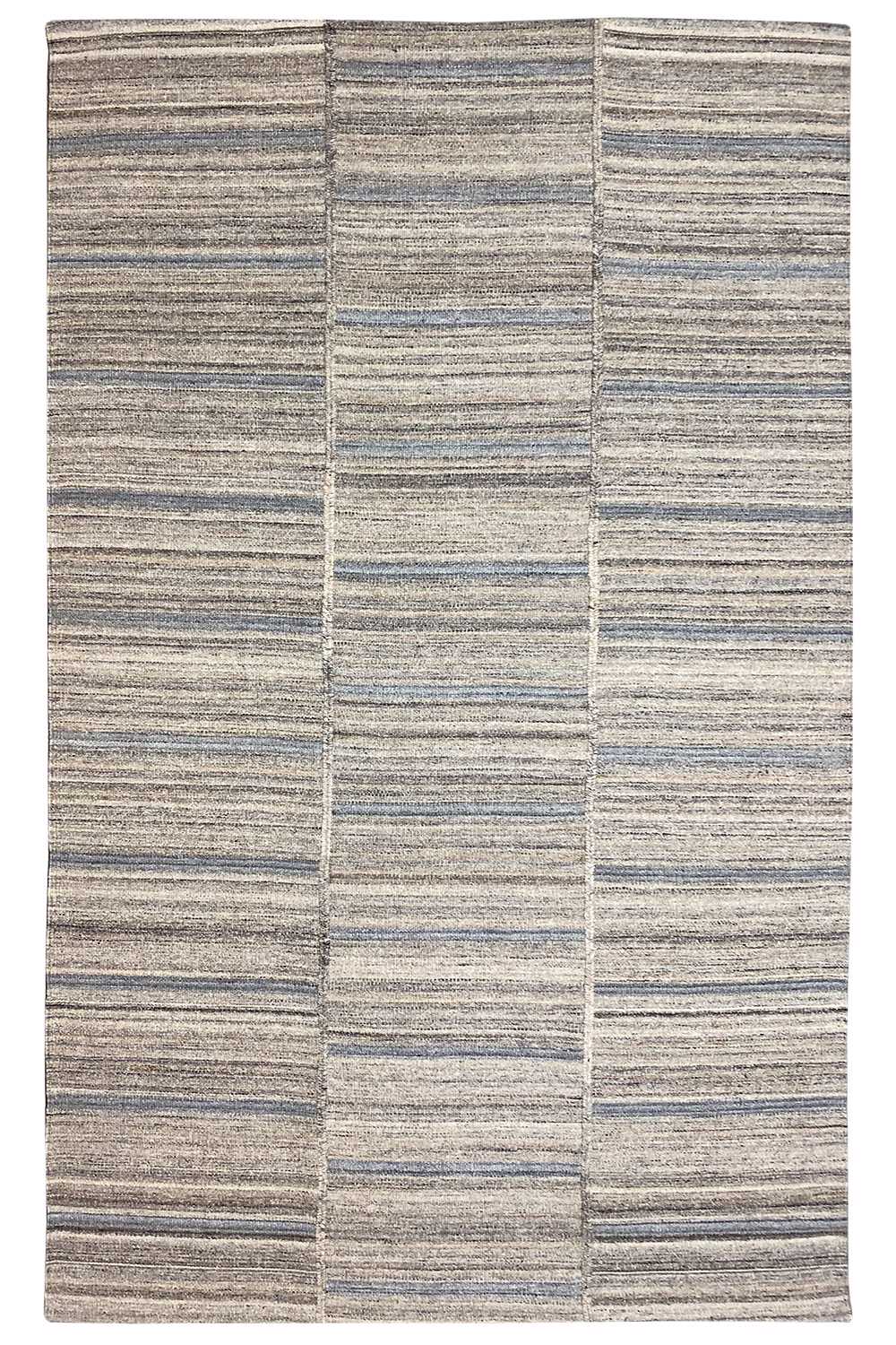 Kelim-Teppich mit quadratischem Karomuster in Grau, Beige und Blau
