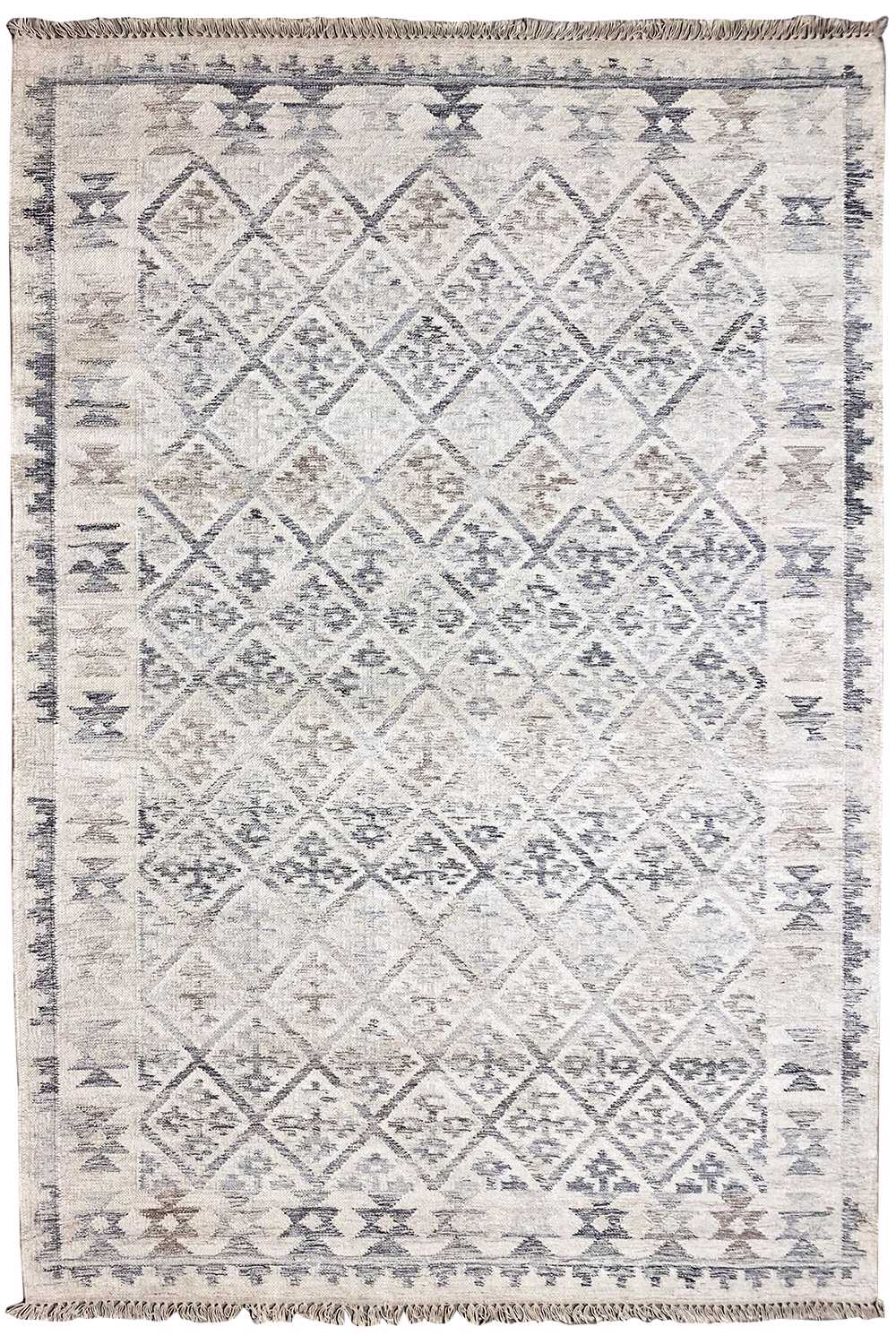 Moderner Kelim-Teppich mit geometrischem Muster, hellbeige Fläche und blau-grauen Motiven