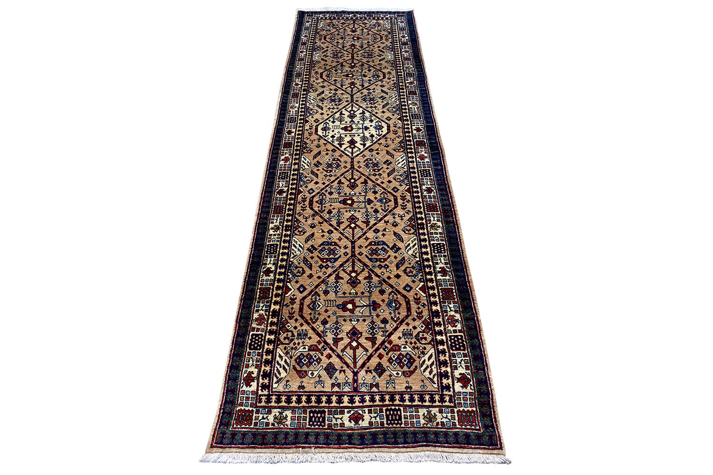 Teppichläufer mit geometrischem Ornamentmuster, creme, dunkelblau und Rot, Fransen