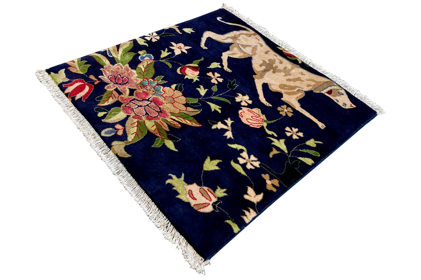 Blauer Teppich mit Fransen, Blumenstrauß- und Tiermuster im Orientstil