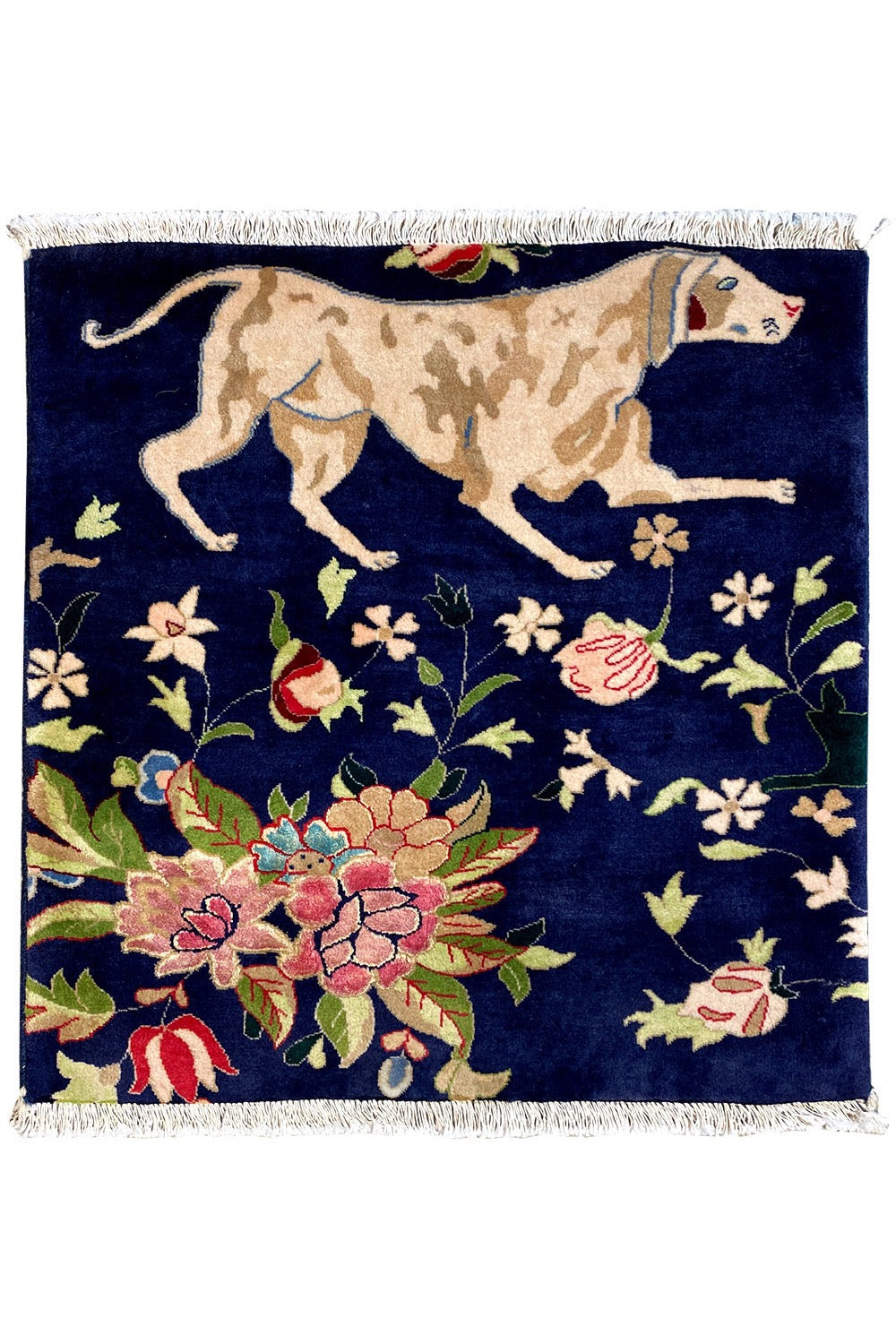 Blauer Teppich mit Fransen, orientalischem Tier- und Blumenmuster