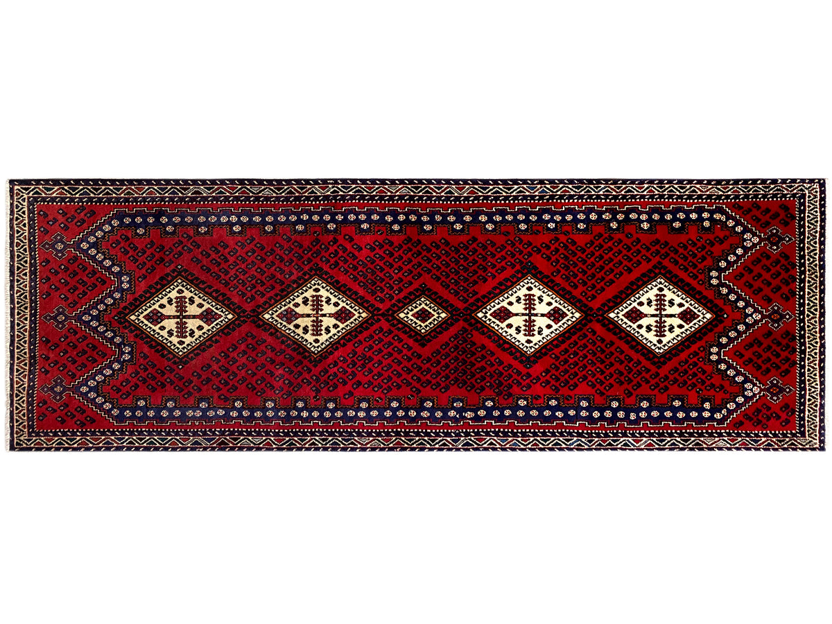 Schmaler Läuferteppich mit horizontalem Ornamentband und Zierkanten in Rot und Creme