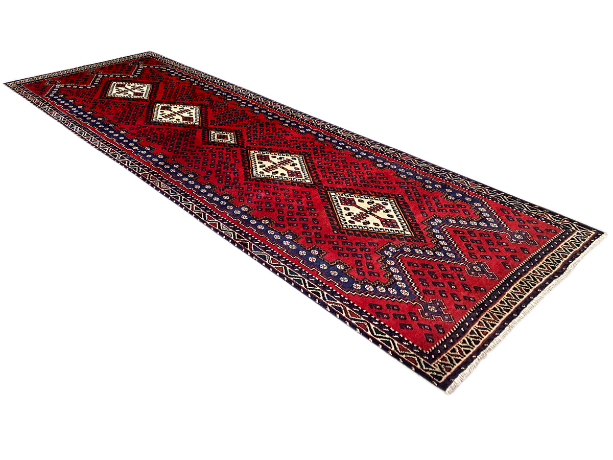 Roter Läuferteppich mit geometrischem Muster und Fransen, 280×89 cm
