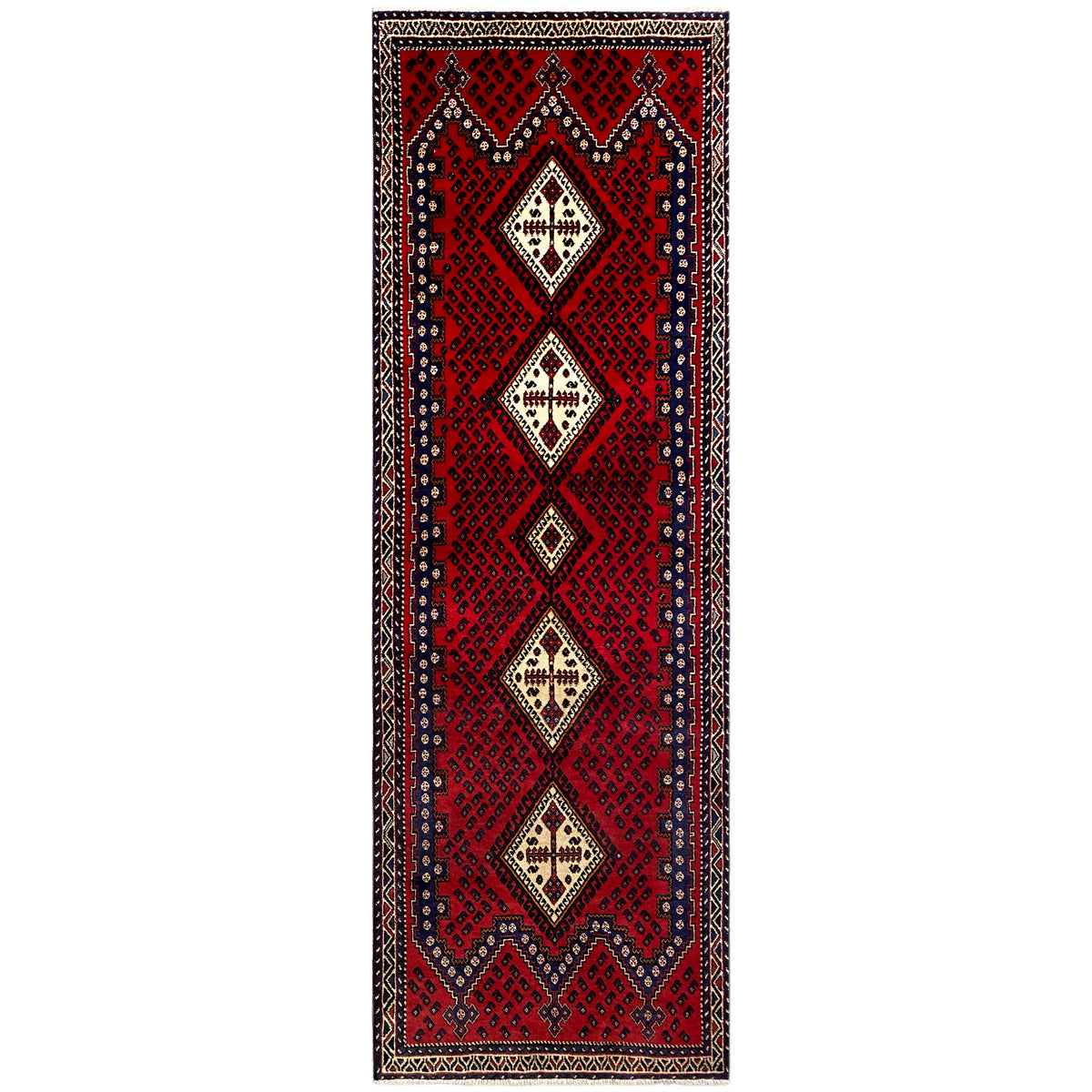 Roter Läuferteppich im Rechteckformat mit vertikalen Diamantmotiven und Bordüre